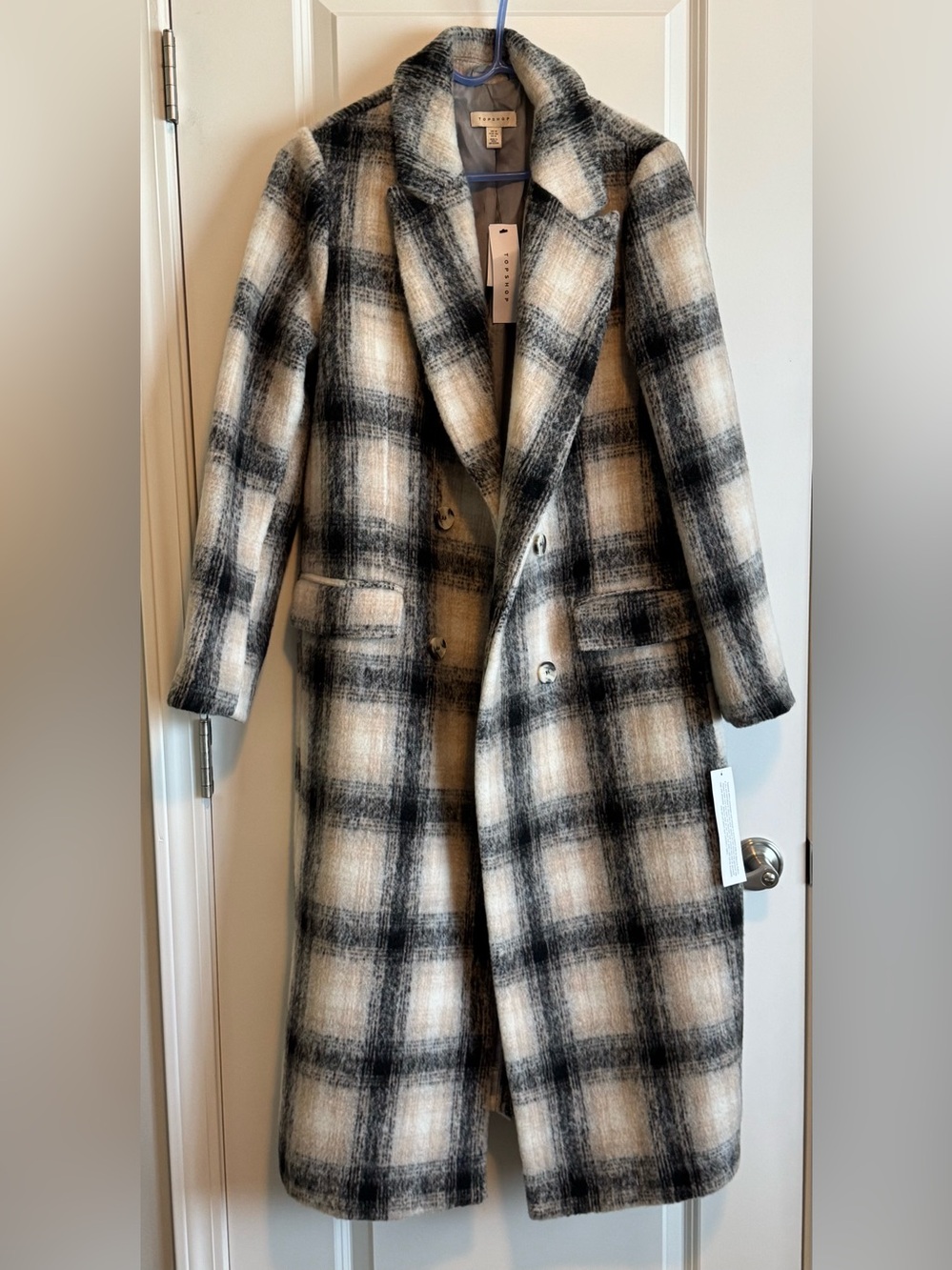 Topshop Black & Cream Plaid Wool-Blend Pea Coat